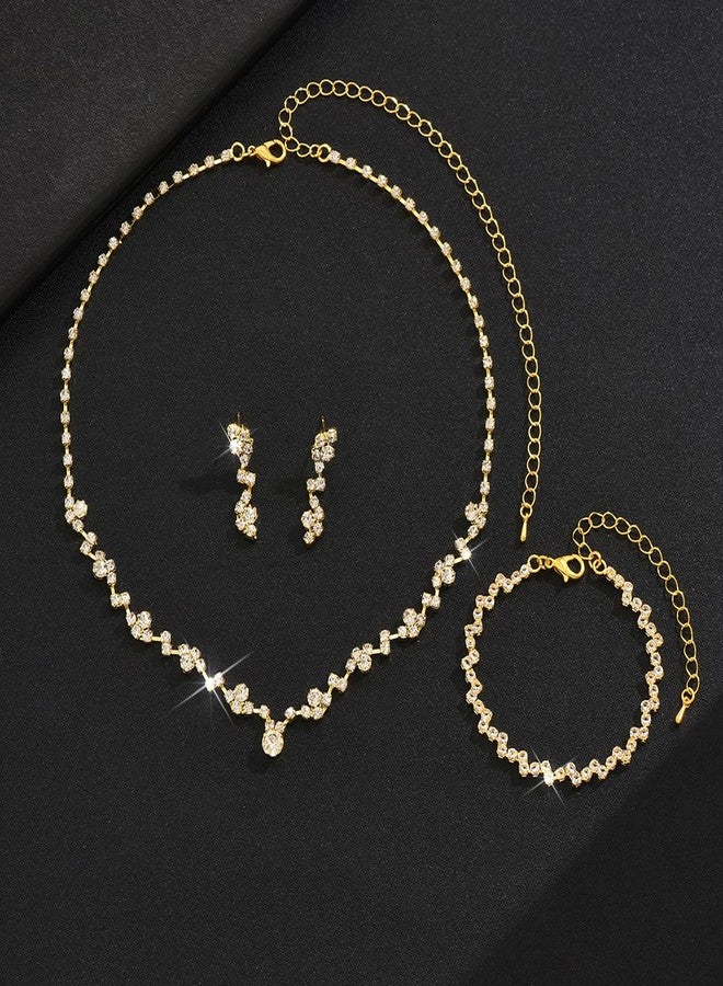 Cicod Prom Earrings Necklace Bracelet Set Elegant Crystal Rhinestone Necklace Earrings Bracelet Bridal Wedding Prom Dresses Costume Outfit Gold Jewelry Sets for Women (Gold) - Image 5